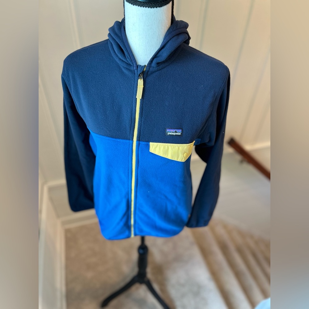 Patagonia Navy & Bright Blue Hooded Fleece Jacket with Yellow Trim